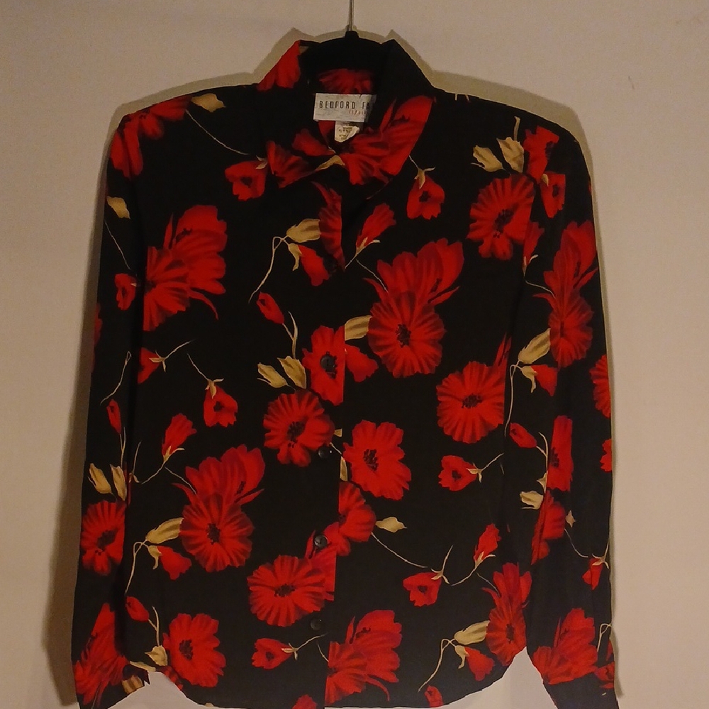 Vtg Bedford Fair Lifestyles 4P Floral Red and Black Blouse B15